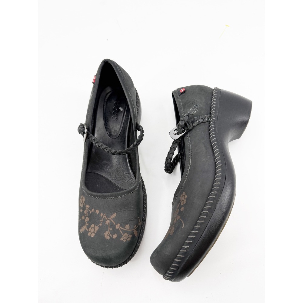 ECCO Mary Jane Sussex Clogs Black Leather Floral Etched Braided Shoes 38 7 7.5